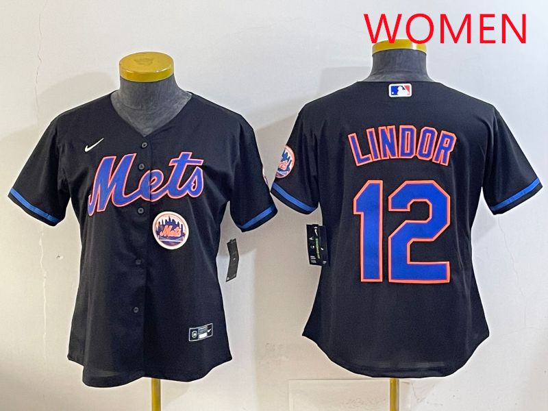 Women 2025 New York Mets #12 Lindor Black Game Nike MLB Jersey style 10